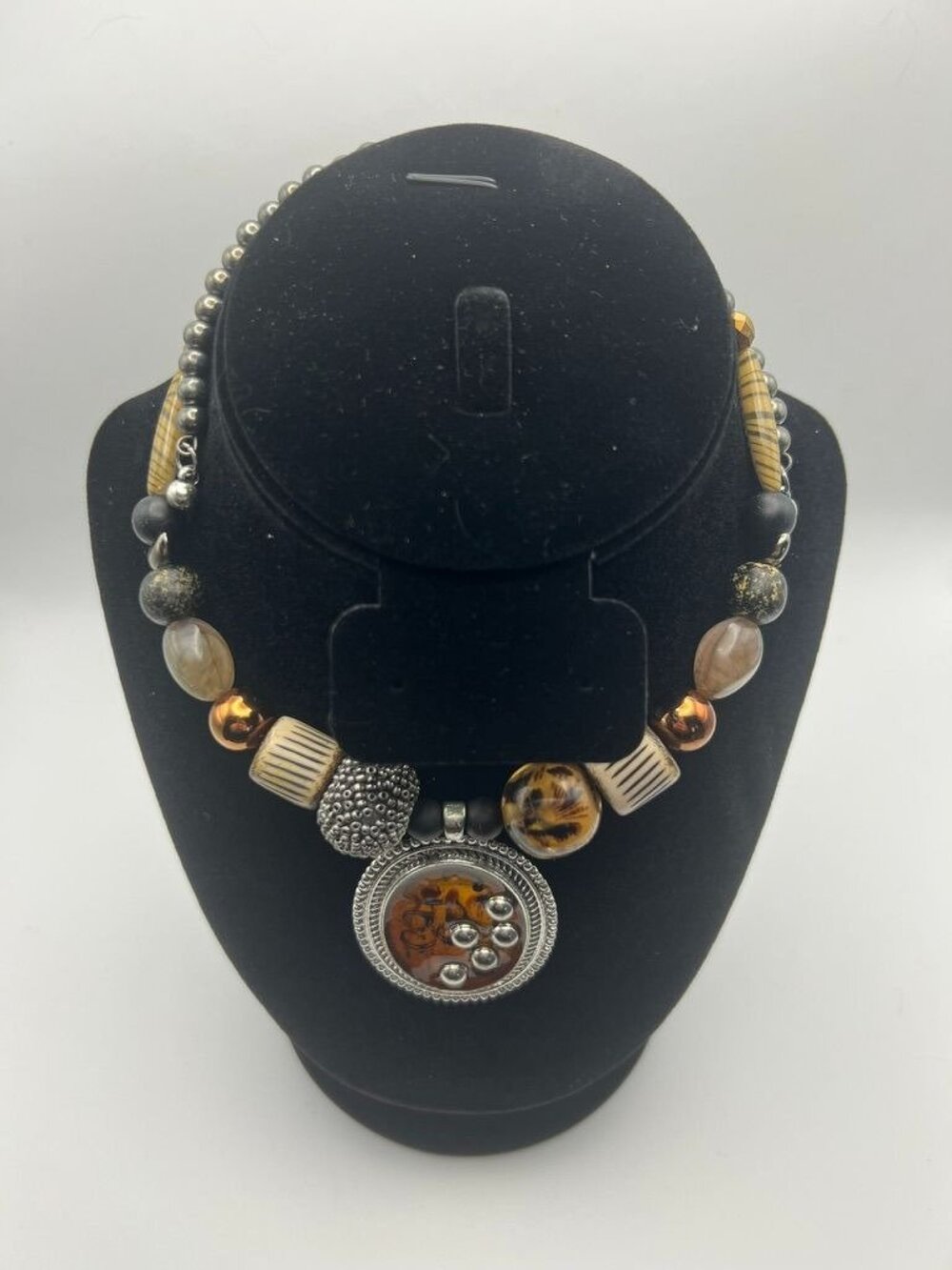 Vintage Boho Mixed Bead Statement Necklace Possible Baltic Amber Pendant Silver